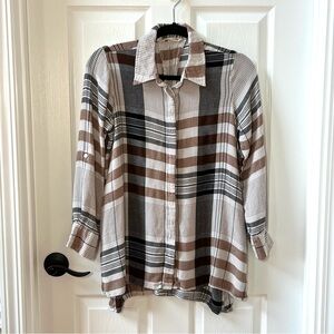 ⭐️ Soft Surroundings Brown Black Plaid Button Down Flannel Shirt Pockets Size XS